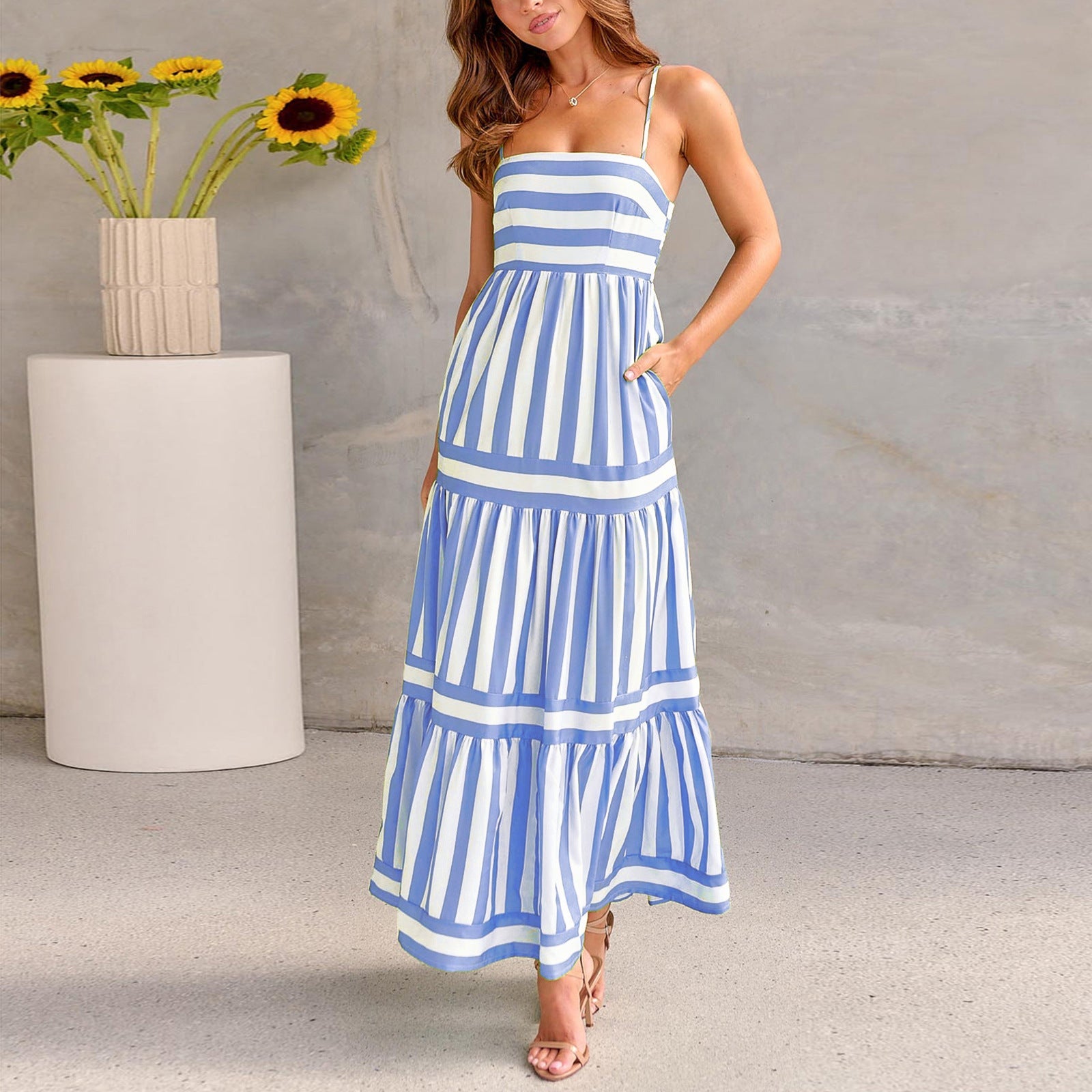 Striped Suspender Maxi Dress – Square Neck Backless Summer Dress with Pockets - Knack'd Up