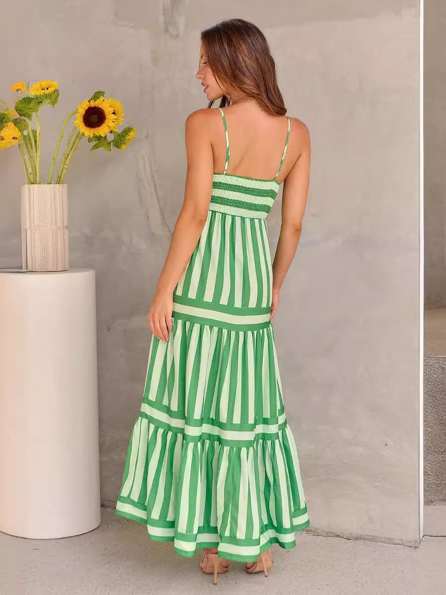 Striped Suspender Maxi Dress – Square Neck Backless Summer Dress with Pockets - Knack'd Up