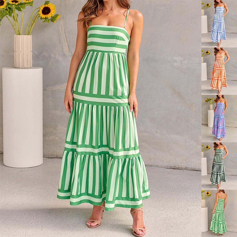 Striped Suspender Maxi Dress – Square Neck Backless Summer Dress with Pockets - Knack'd Up