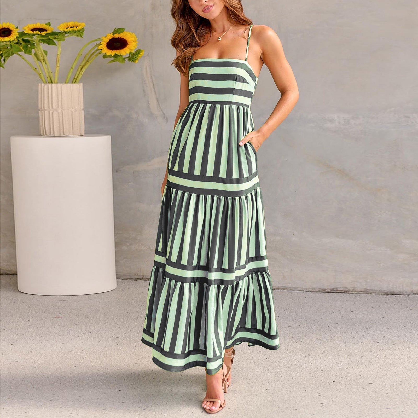 Striped Suspender Maxi Dress – Square Neck Backless Summer Dress with Pockets - Knack'd Up