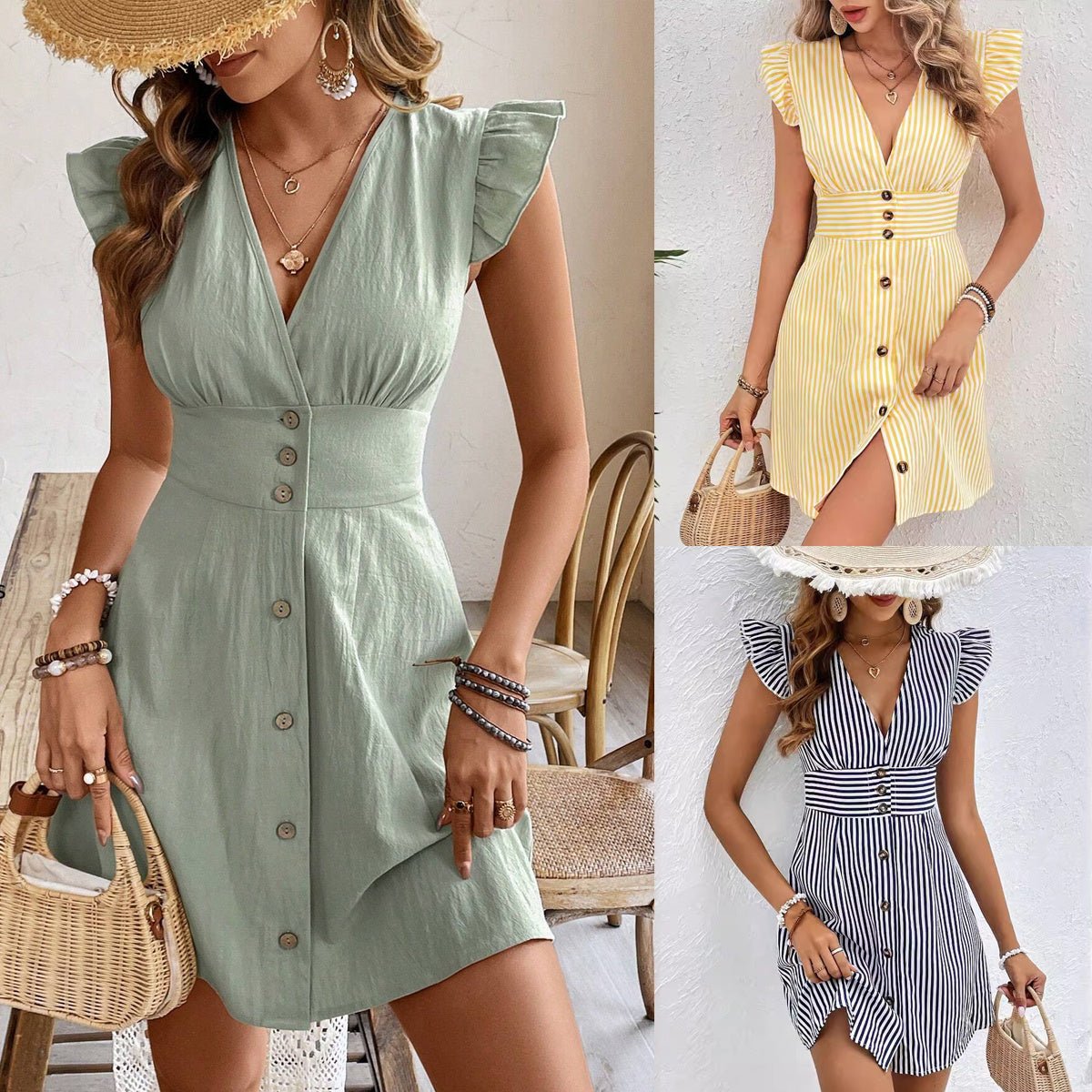 Summer V - Neck Single - Breasted Fly - Sleeve Women’s Shirt Dress – Elegant Beach Style Sundress - Knack'd Up