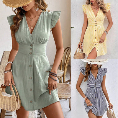 Summer V - Neck Single - Breasted Fly - Sleeve Women’s Shirt Dress – Elegant Beach Style Sundress - Knack'd Up