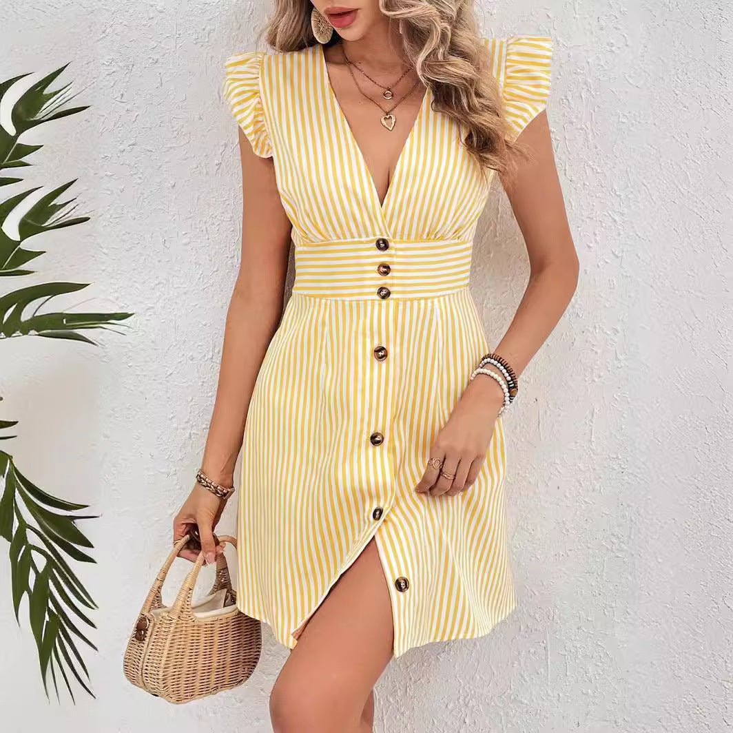 Summer V - Neck Single - Breasted Fly - Sleeve Women’s Shirt Dress – Elegant Beach Style Sundress - Knack'd Up