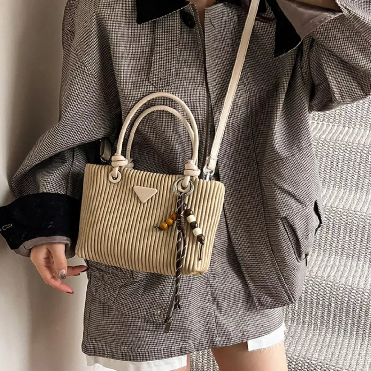 Textured Crossbody Bag with Top Handle - Knack'd Up