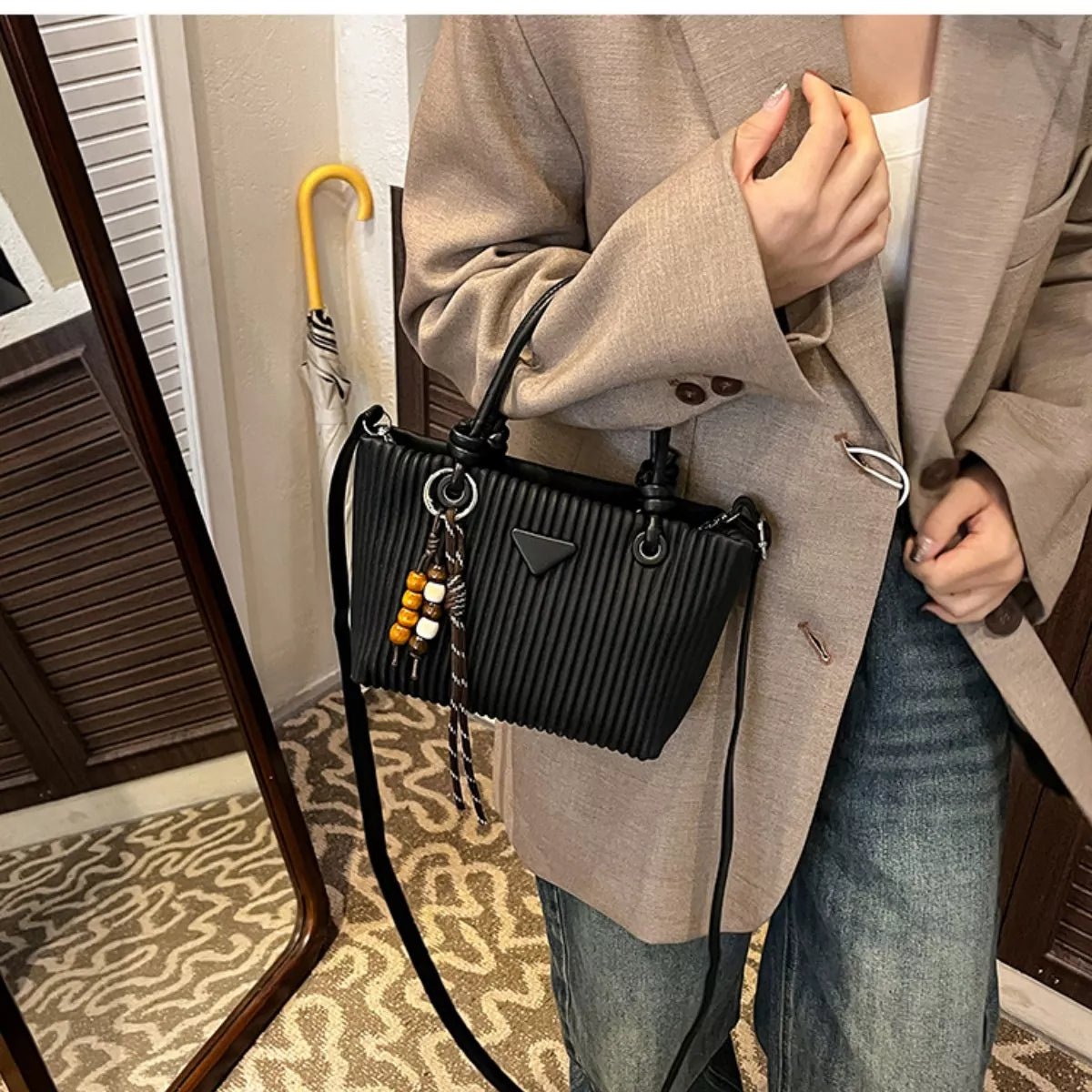 Textured Crossbody Bag with Top Handle - Knack'd Up