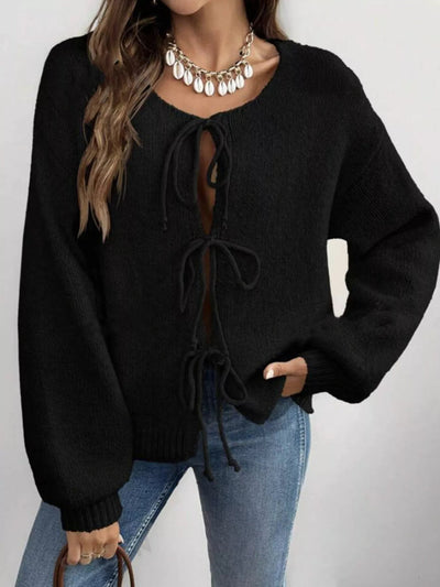 Tie - Front Long Sleeve Cardigan - Knack'd Up