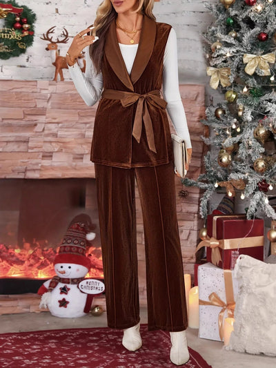 Tie Waist Velvet Vest & Pants Two - Piece Set - Knack'd Up
