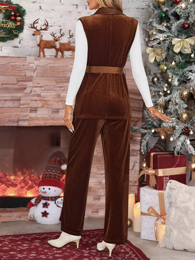 Tie Waist Velvet Vest & Pants Two - Piece Set - Knack'd Up