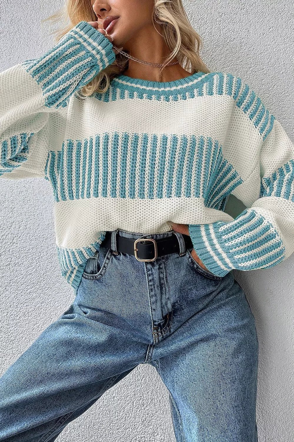 Two Tone Striped Patchwork Drop Shoulder Loose Sweater - Knack'd Up