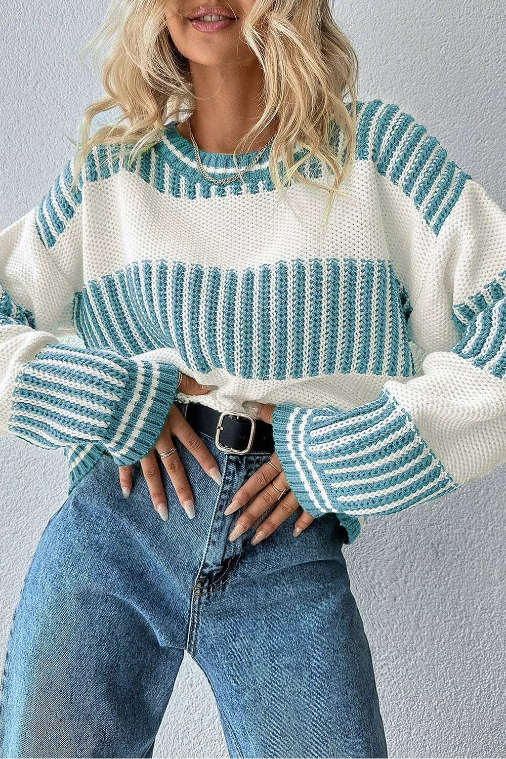 Two Tone Striped Patchwork Drop Shoulder Loose Sweater - Knack'd Up