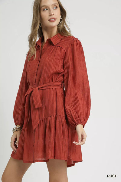 Umgee Crinkle Button - Front Tiered Mini Dress with Waist Tie - Knack'd Up