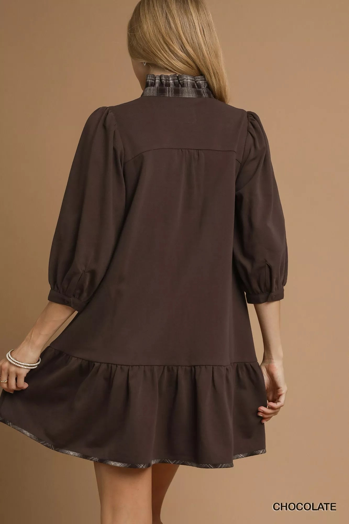 Umgee French Terry Ruffle Hem Dress with Plaid Trim - Knack'd Up