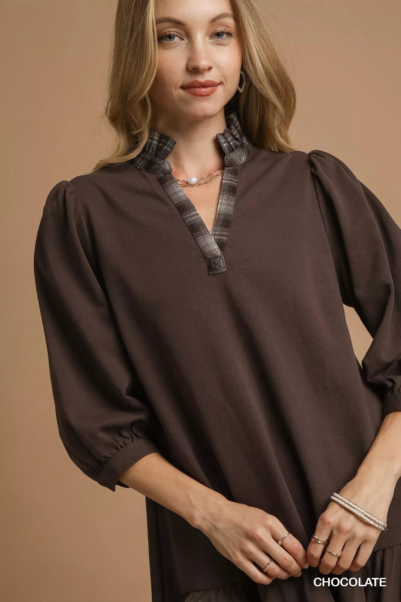 Umgee French Terry Ruffle Hem Dress with Plaid Trim - Knack'd Up