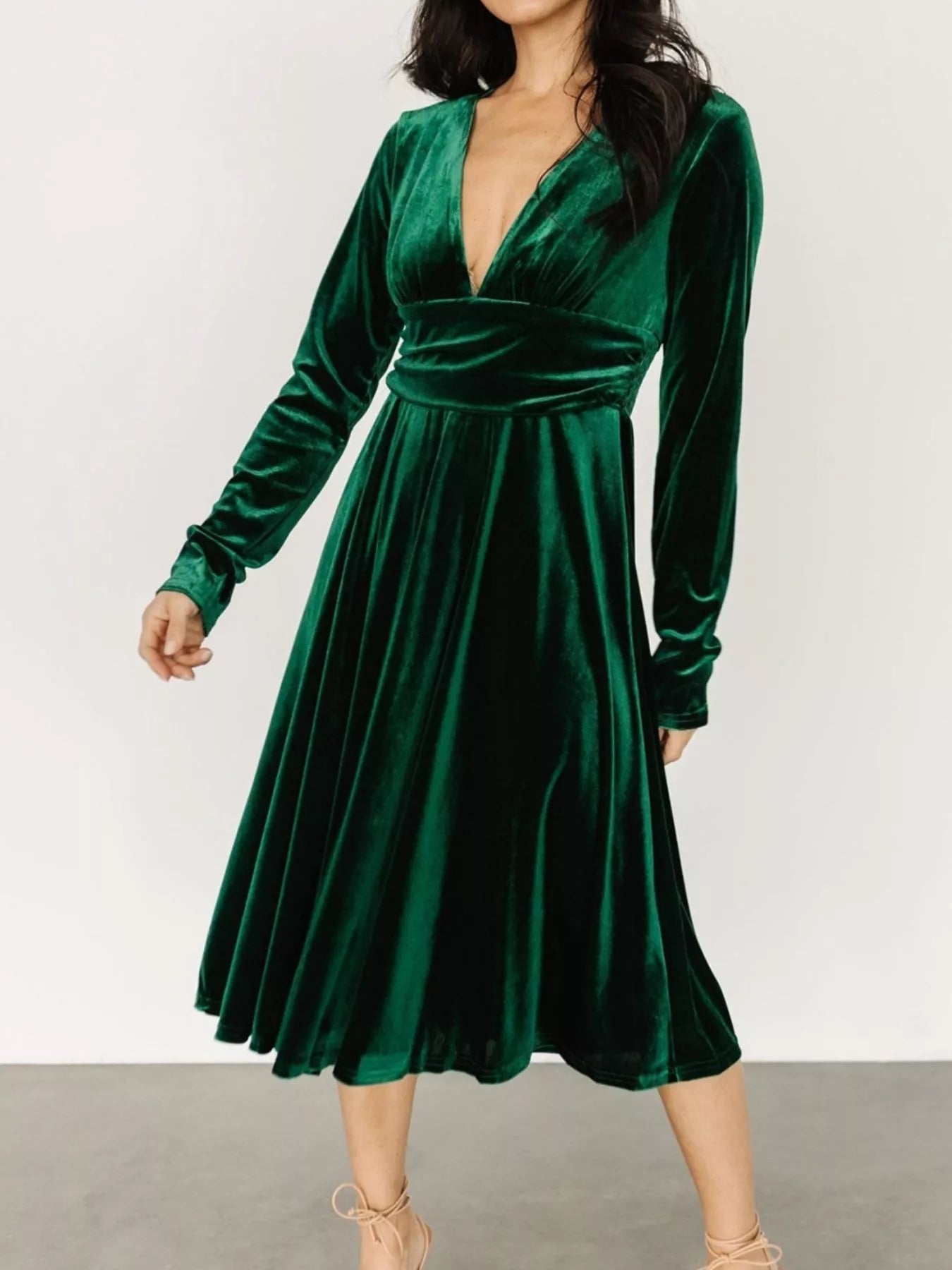 Velvet Deep V - Neck Long Sleeve Dress - Knack'd Up