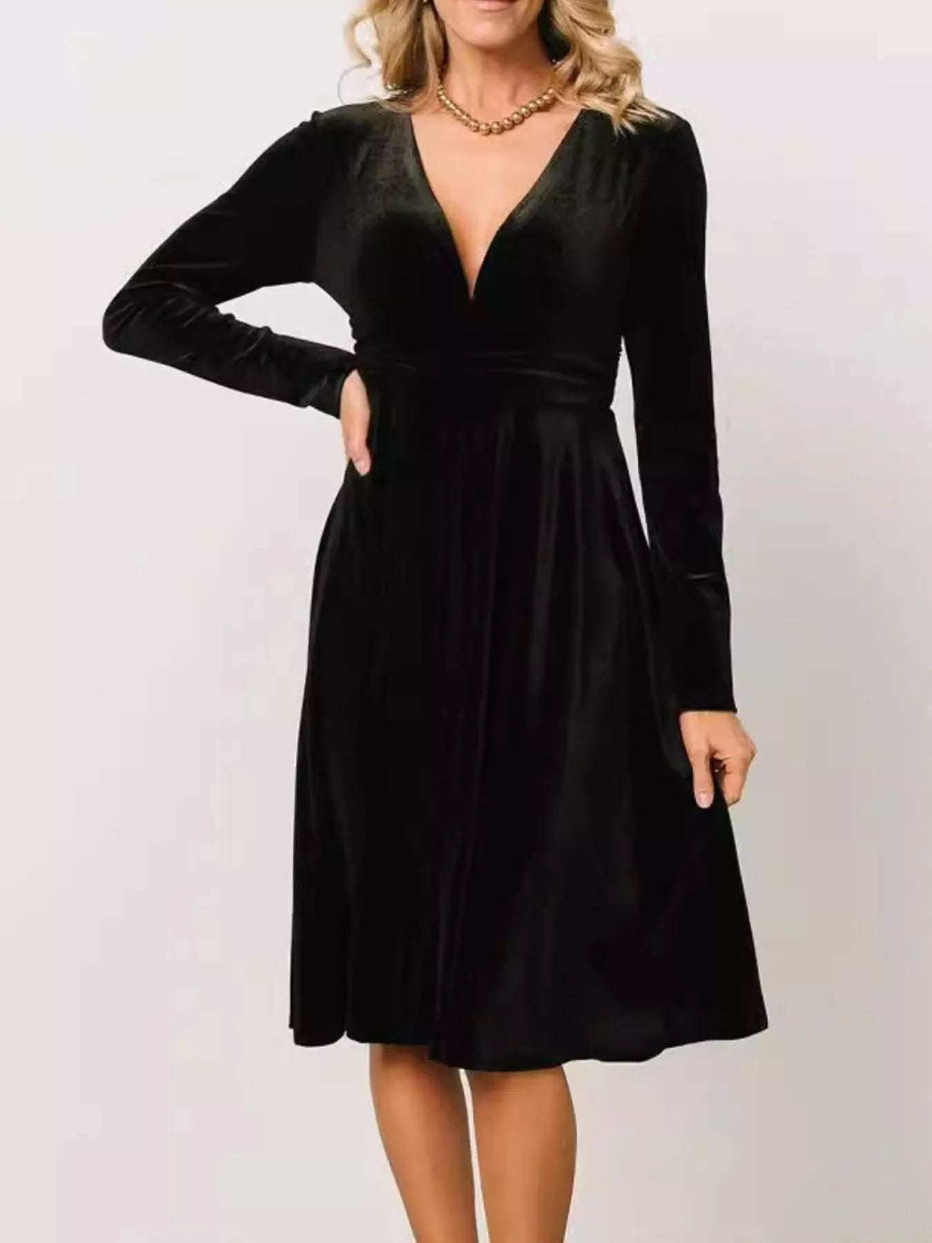 Velvet Deep V - Neck Long Sleeve Dress - Knack'd Up