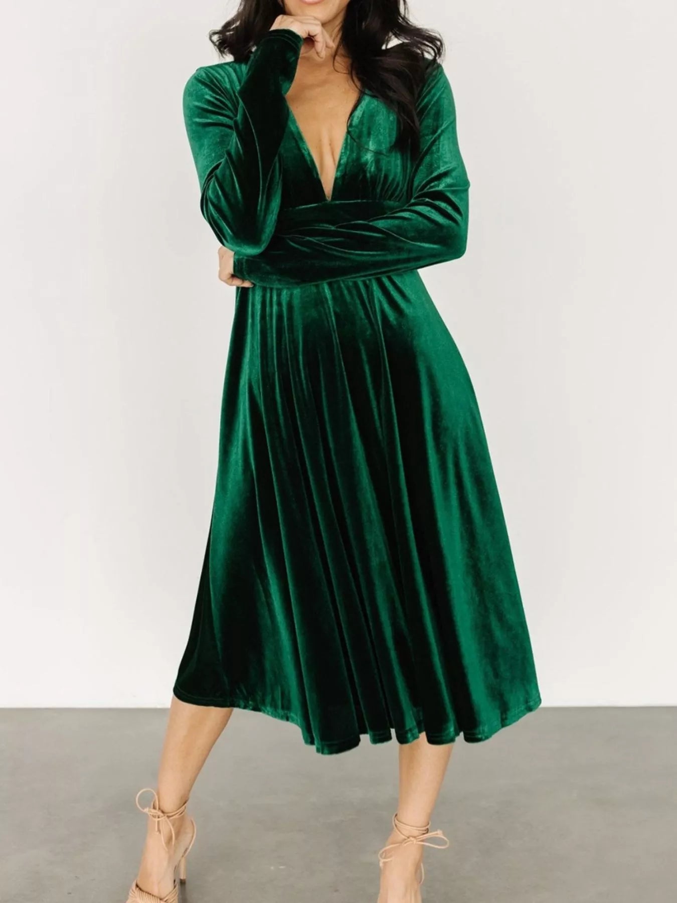 Velvet Deep V - Neck Long Sleeve Dress - Knack'd Up