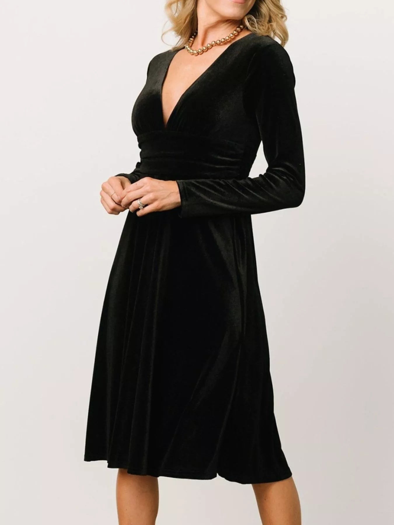 Velvet Deep V - Neck Long Sleeve Dress - Knack'd Up