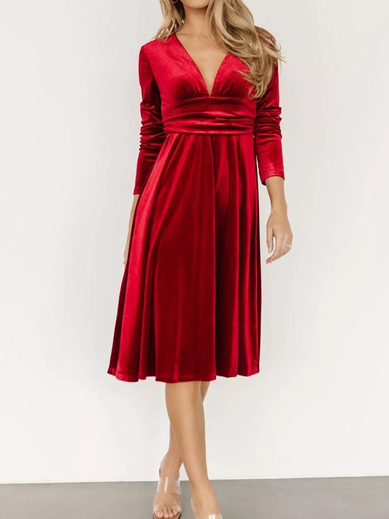 Velvet Deep V - Neck Long Sleeve Dress - Knack'd Up