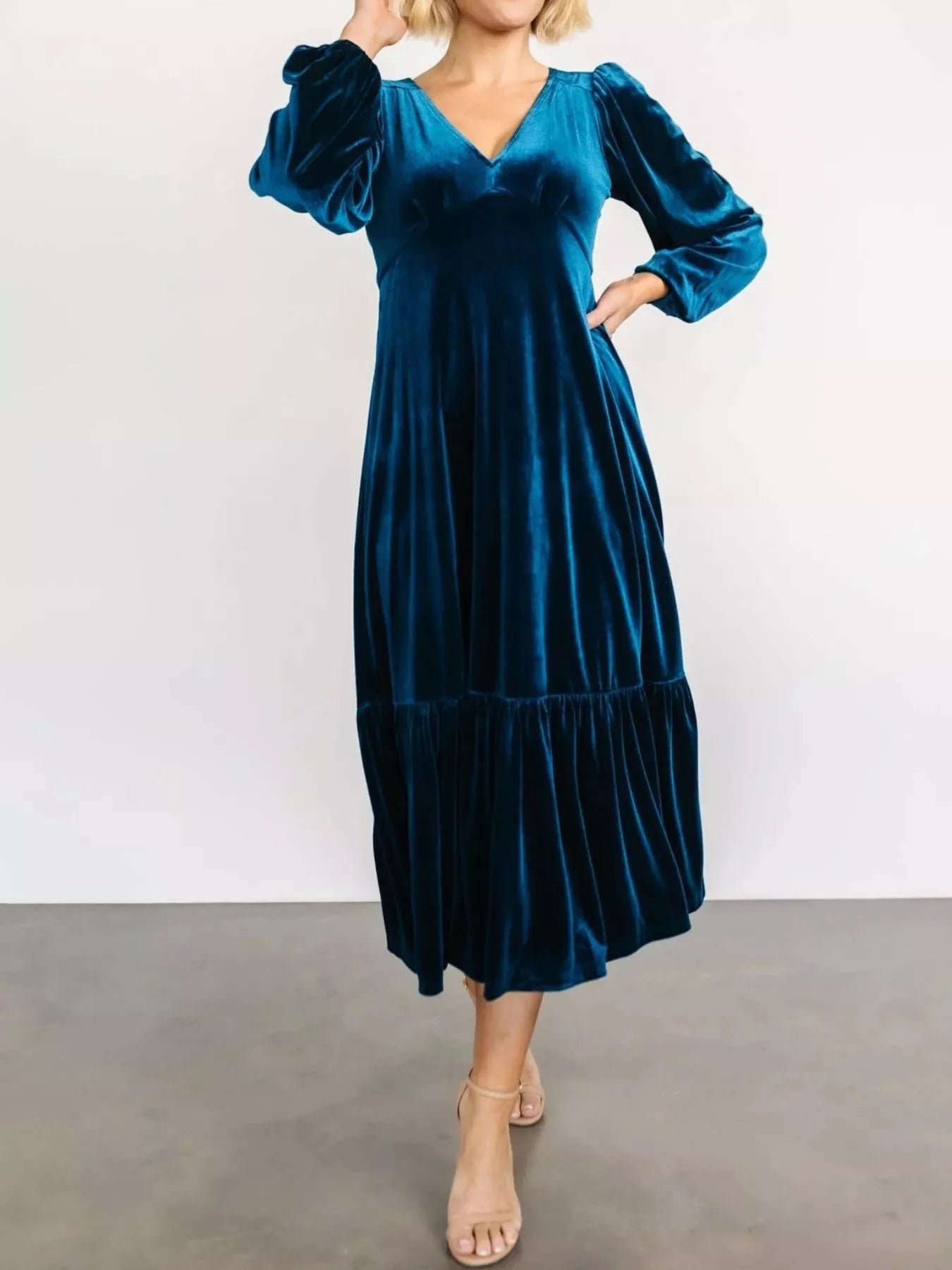 Velvet Tiered Long Sleeve Midi Dress - Knack'd Up