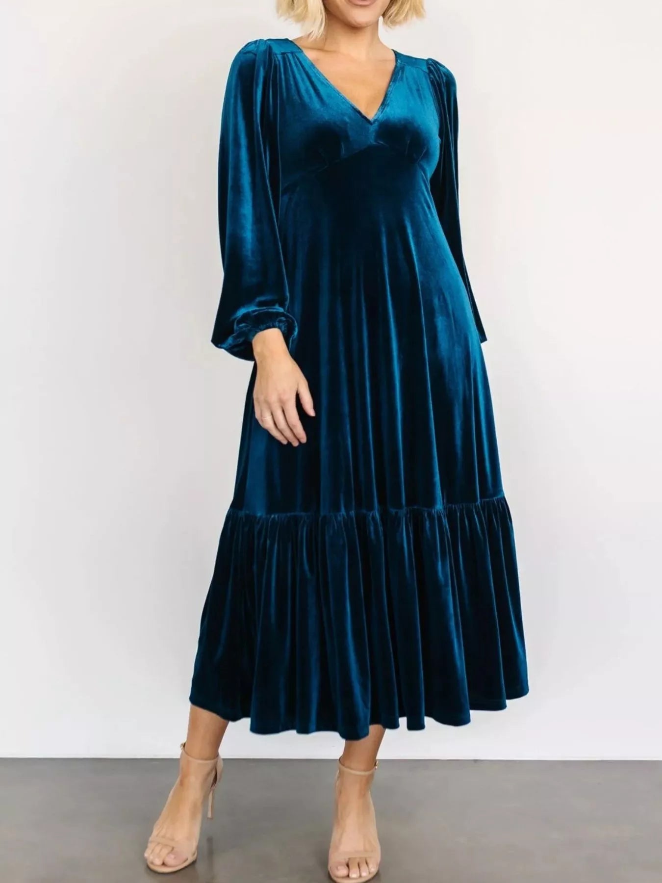 Velvet Tiered Long Sleeve Midi Dress - Knack'd Up