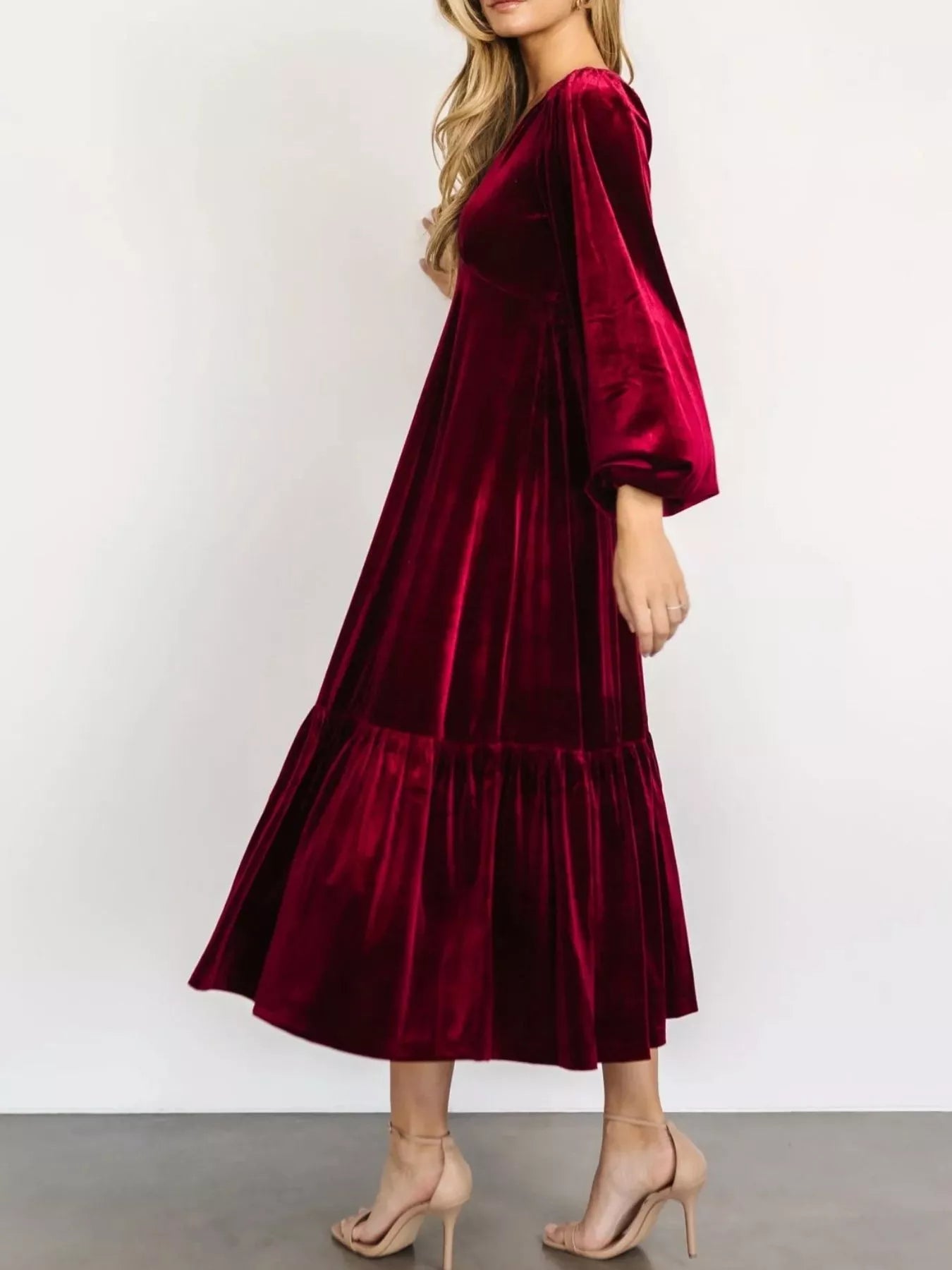 Velvet Tiered Long Sleeve Midi Dress - Knack'd Up