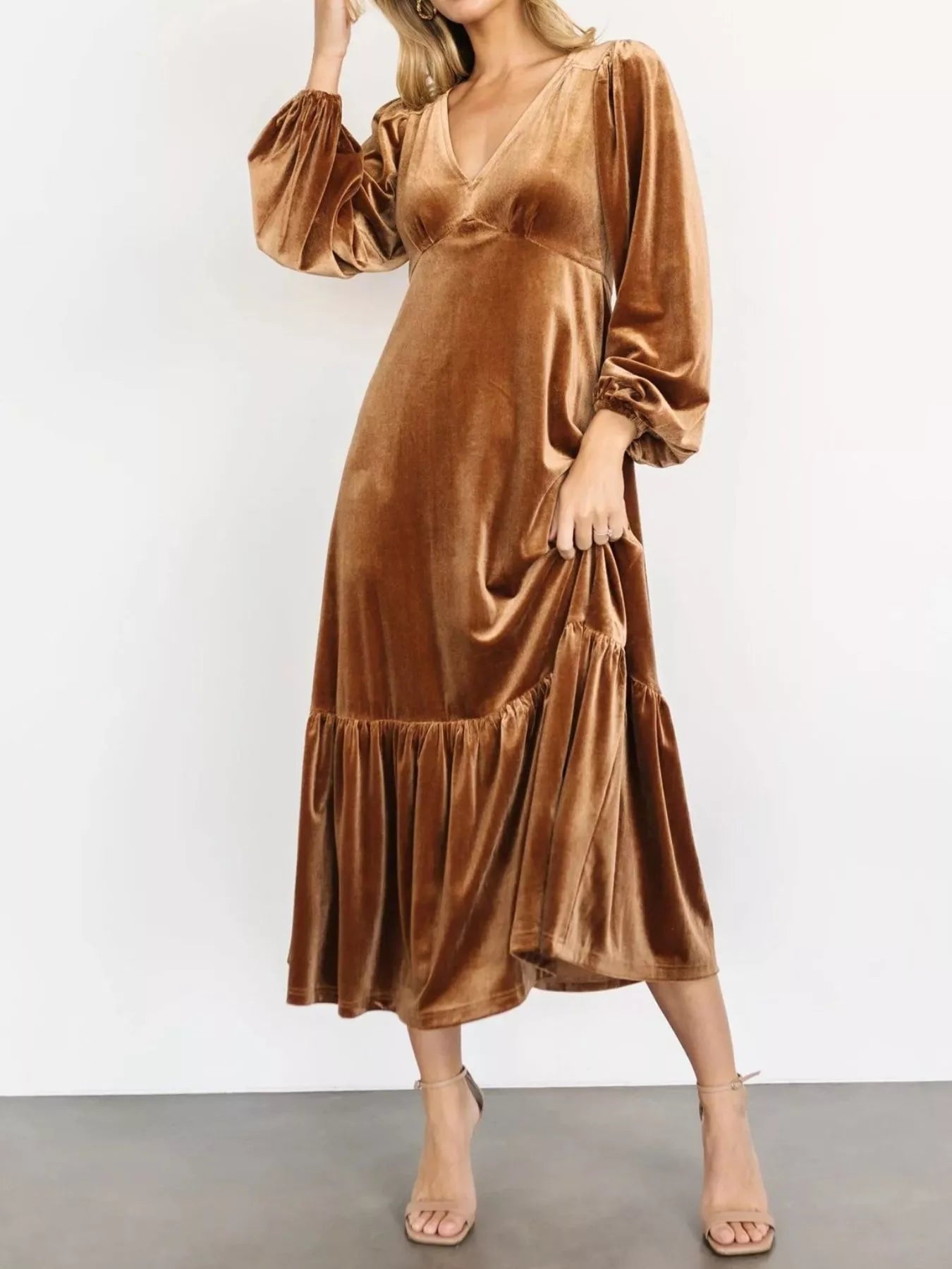 Velvet Tiered Long Sleeve Midi Dress - Knack'd Up