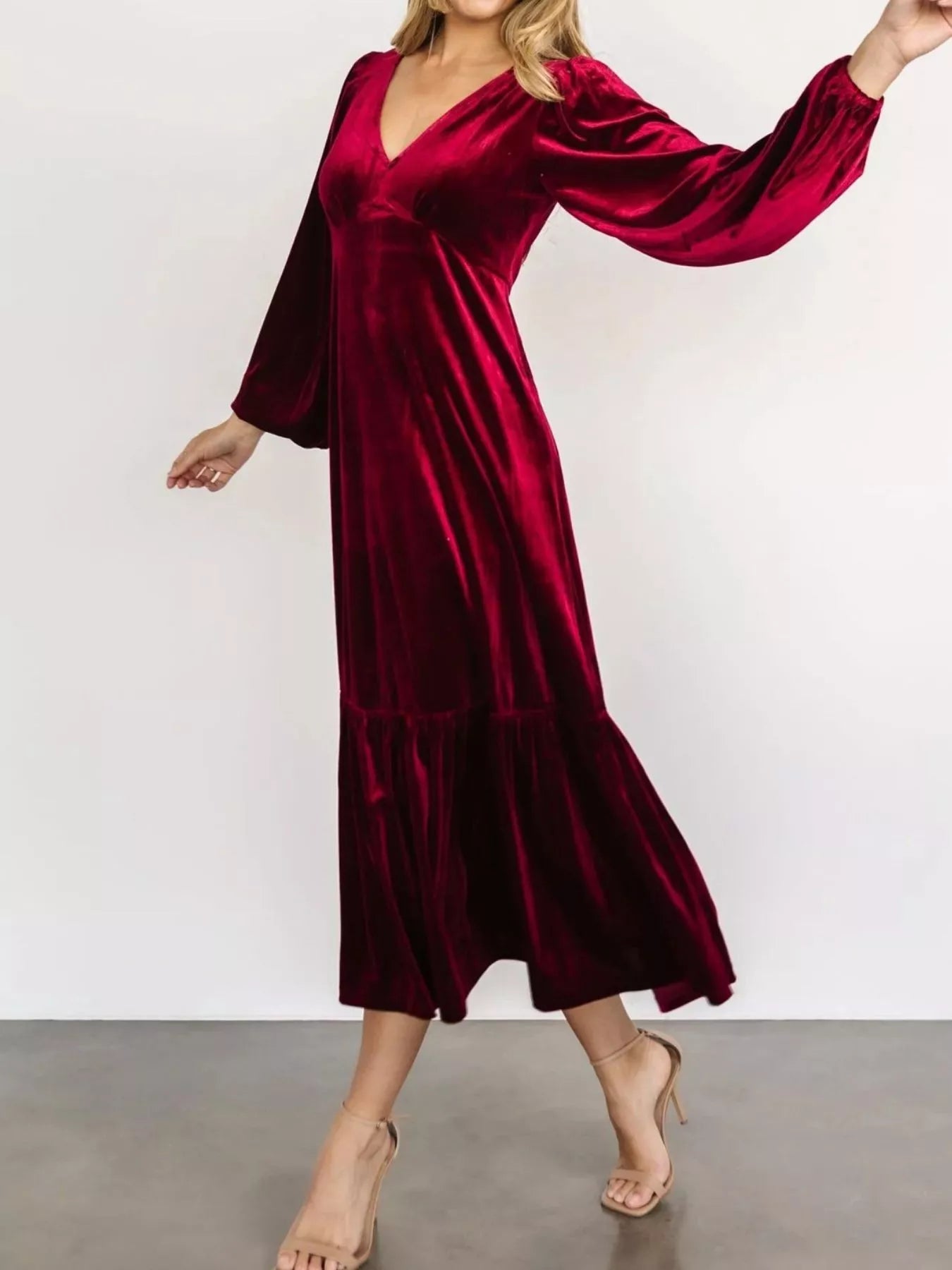 Velvet Tiered Long Sleeve Midi Dress - Knack'd Up