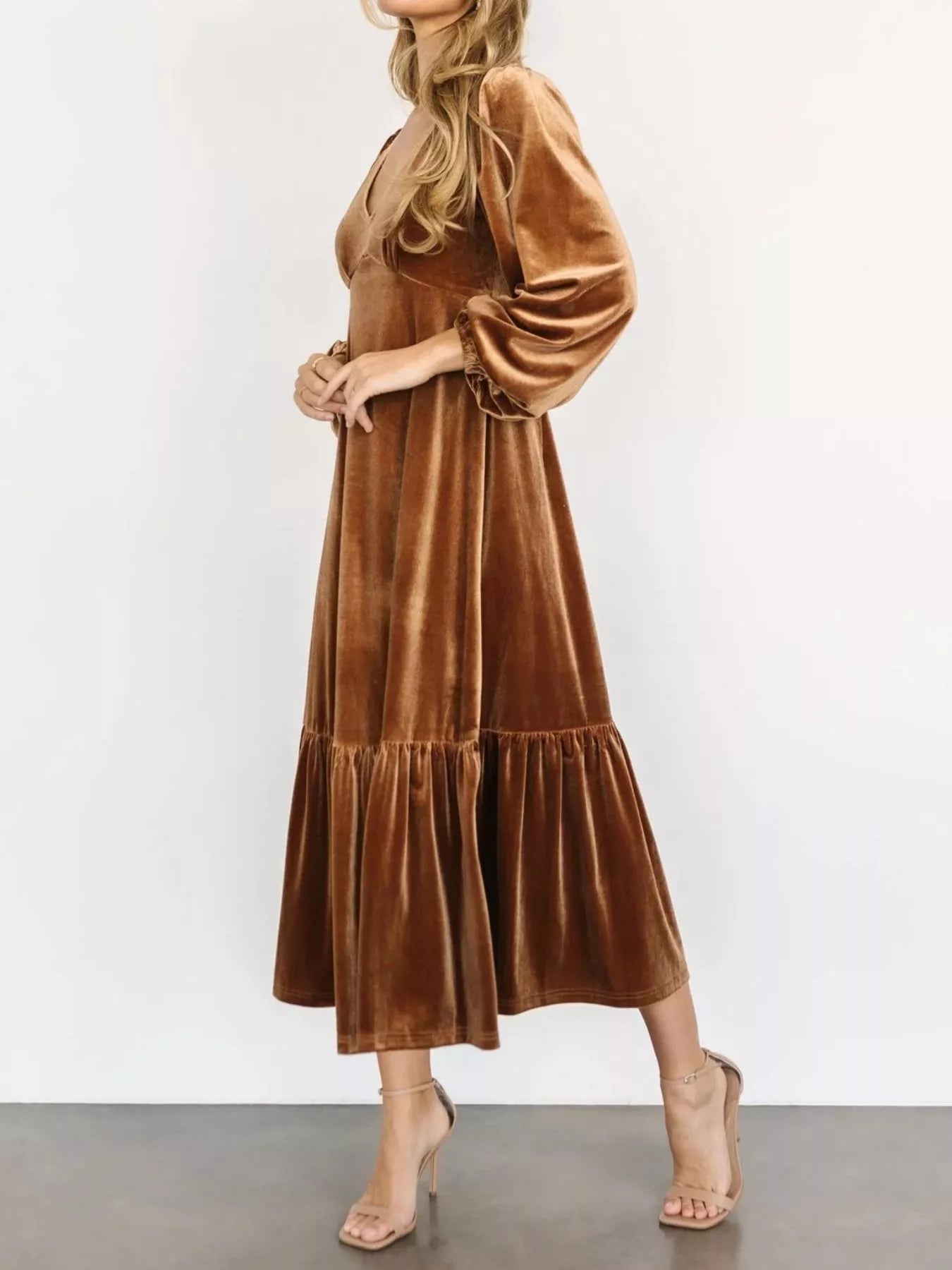 Velvet Tiered Long Sleeve Midi Dress - Knack'd Up