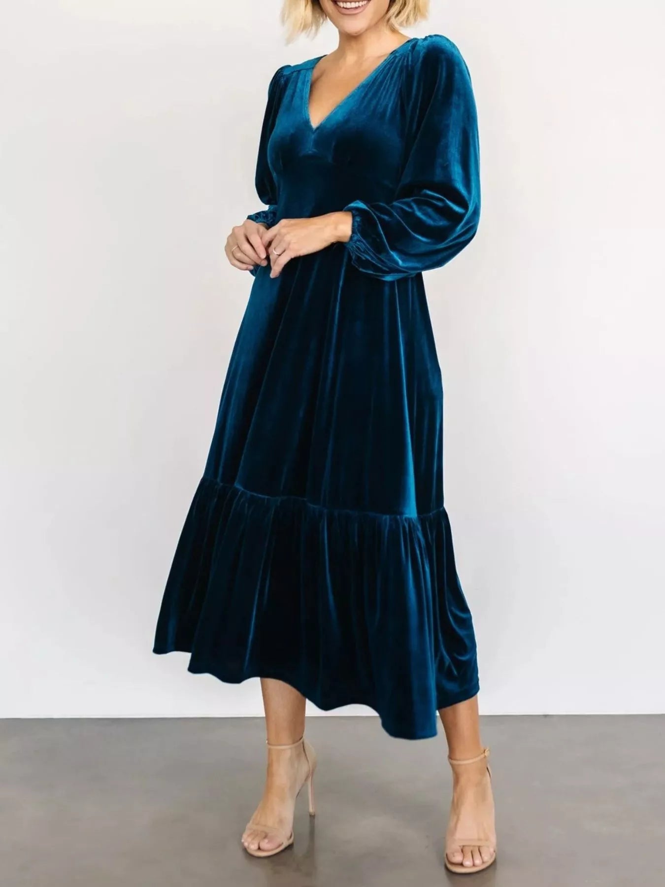 Velvet Tiered Long Sleeve Midi Dress - Knack'd Up