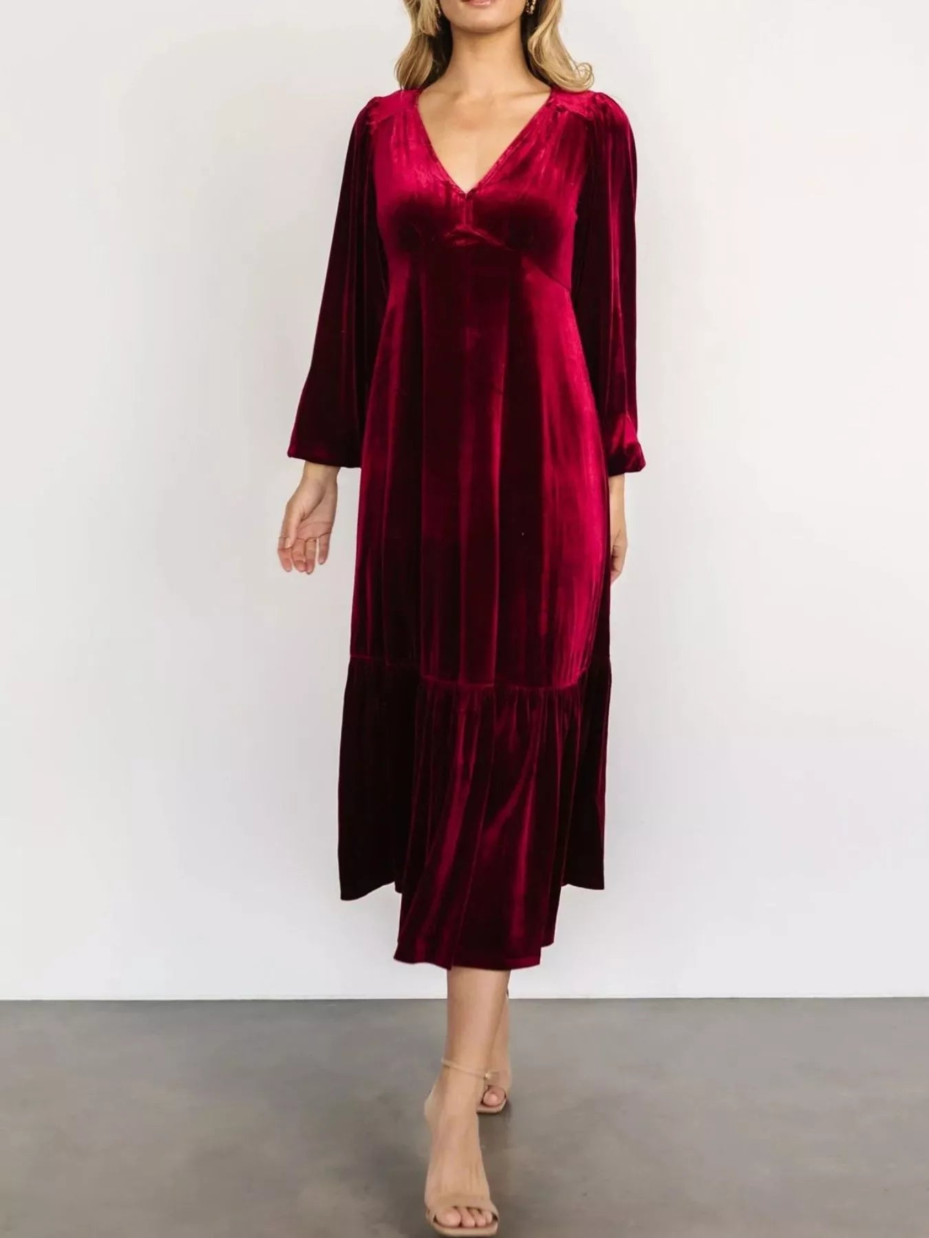 Velvet Tiered Long Sleeve Midi Dress - Knack'd Up