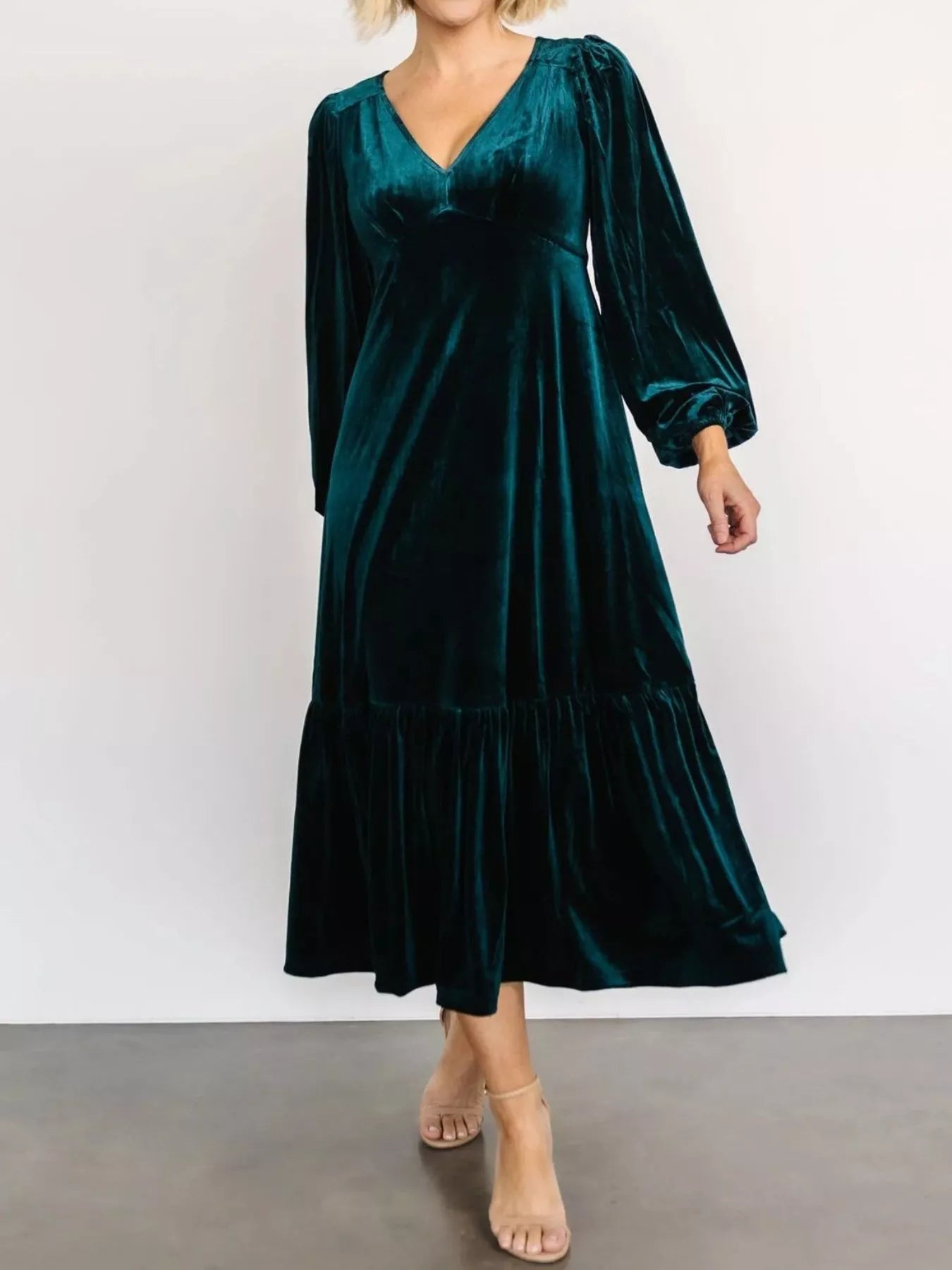 Velvet Tiered Long Sleeve Midi Dress - Knack'd Up