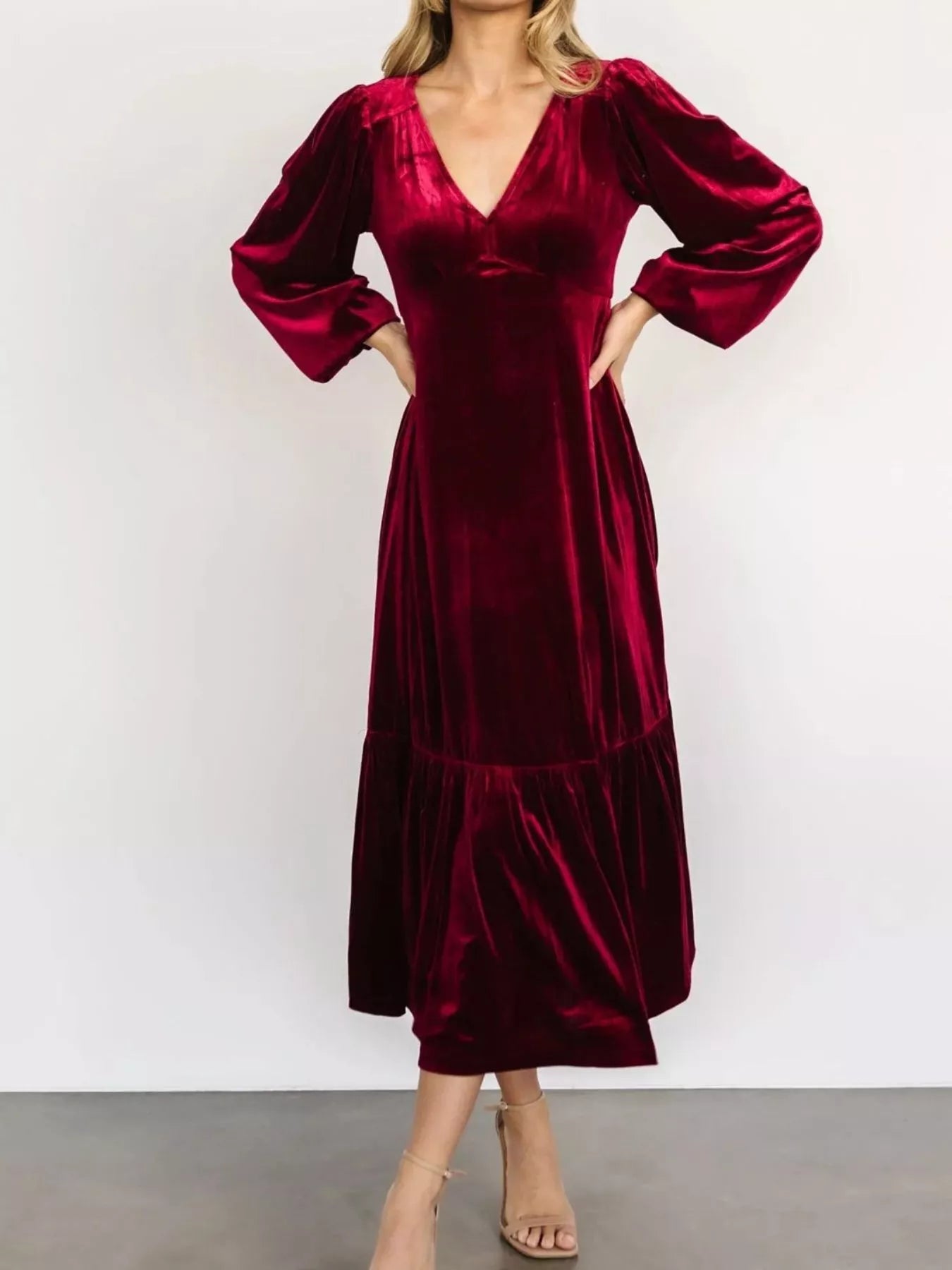 Velvet Tiered Long Sleeve Midi Dress - Knack'd Up