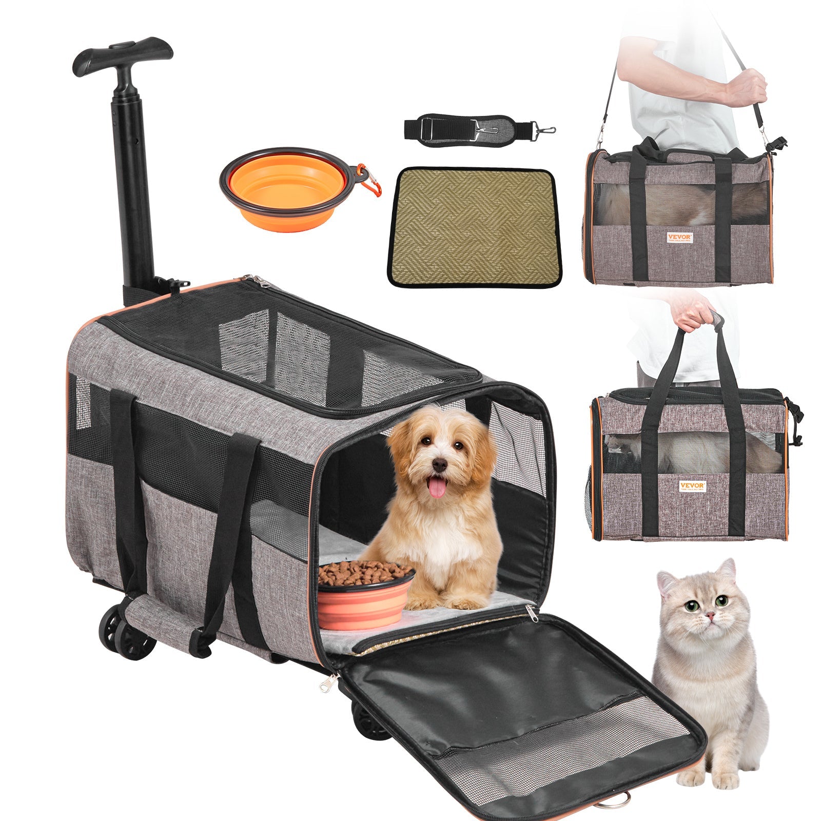 VEVOR Rolling Pet Carrier – Airline Approved Wheeled Travel Bag with Telescopic Handle & Shoulder Strap (Grey) - Knack'd Up