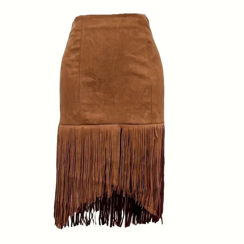 Western Boho Fringe Midi Skirt – High - Waisted Asymmetrical Denim Style Skirt for Women - Knack'd Up