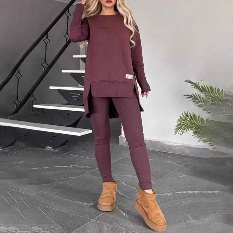 Women’s 2 - Piece Lounge Set – Long Sleeve Side Slit Sweatshirt & High - Waist Leggings Outfit - Knack'd Up