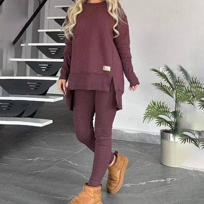 Women’s 2 - Piece Lounge Set – Long Sleeve Side Slit Sweatshirt & High - Waist Leggings Outfit - Knack'd Up