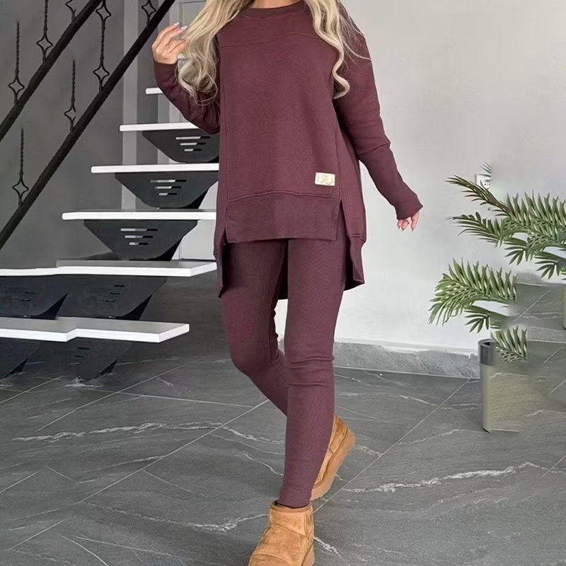 Women’s 2 - Piece Lounge Set – Long Sleeve Side Slit Sweatshirt & High - Waist Leggings Outfit - Knack'd Up