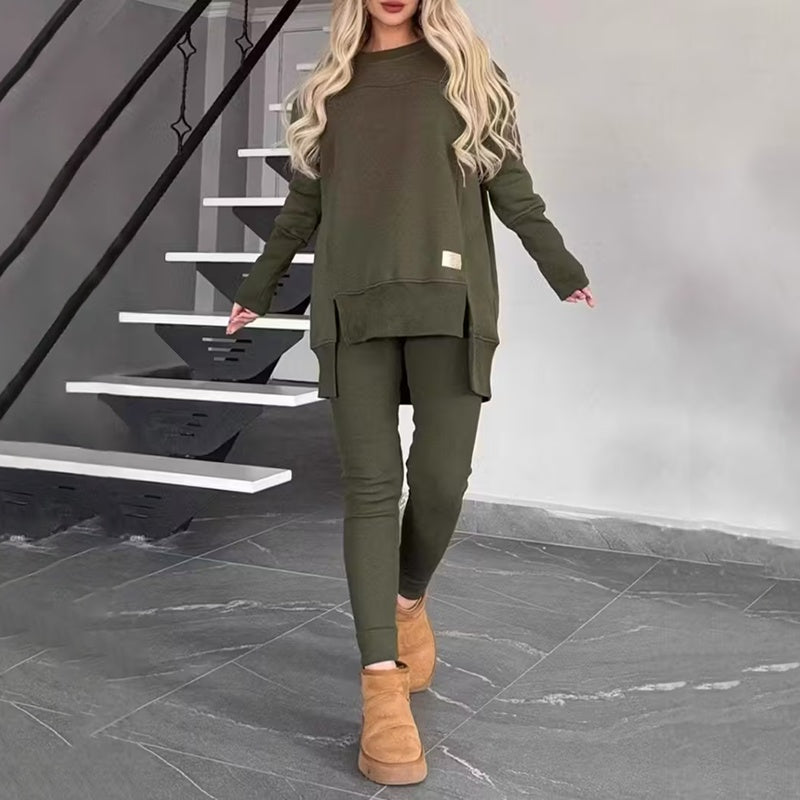 Women’s 2 - Piece Lounge Set – Long Sleeve Side Slit Sweatshirt & High - Waist Leggings Outfit - Knack'd Up