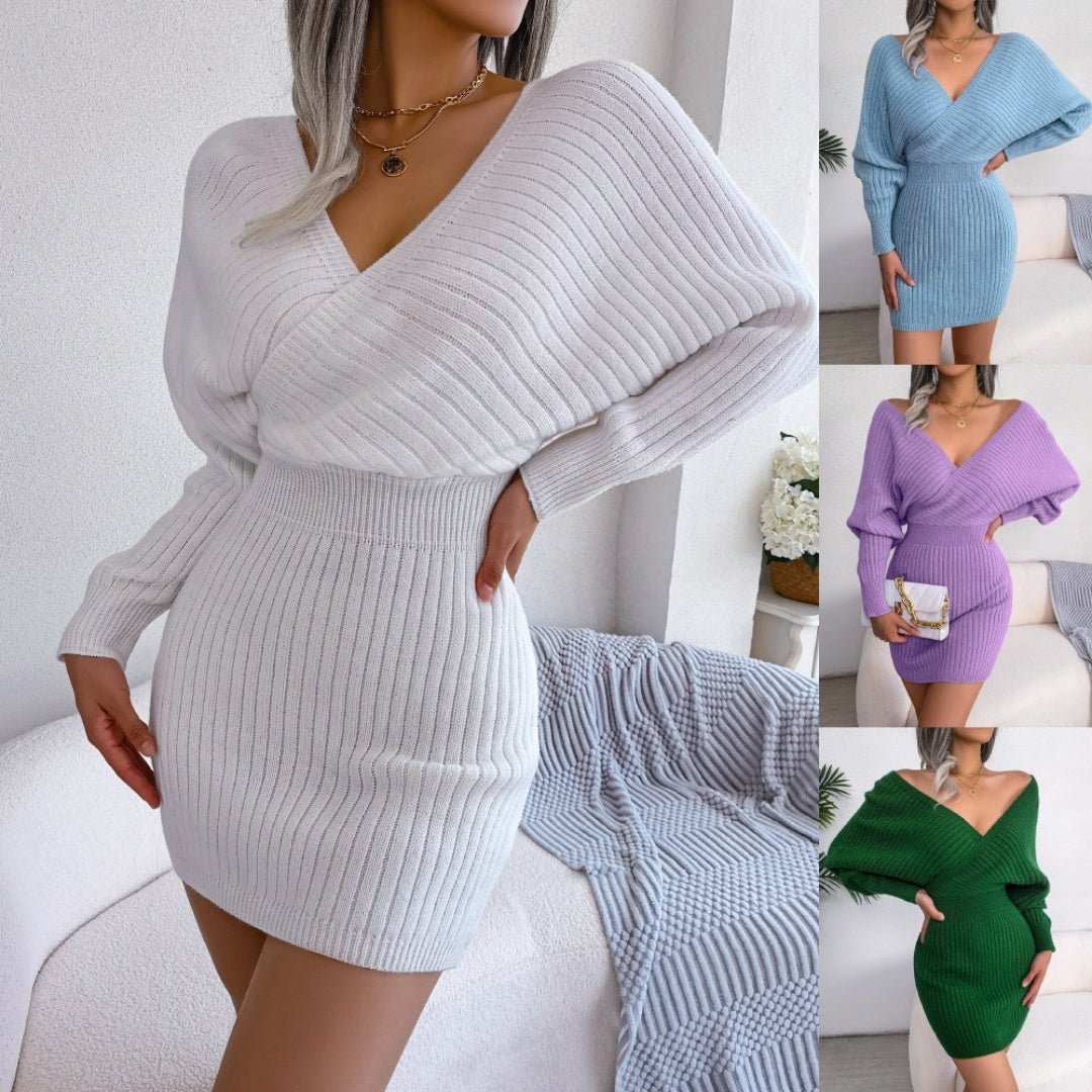 Women’s 2025 Autumn/Winter Cross V - Neck Bat Sleeve Bodycon Dress – Fuzzy Knit Hairy Mini Dress - Knack'd Up