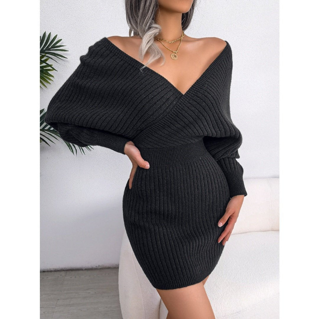 Women’s 2025 Autumn/Winter Cross V - Neck Bat Sleeve Bodycon Dress – Fuzzy Knit Hairy Mini Dress - Knack'd Up