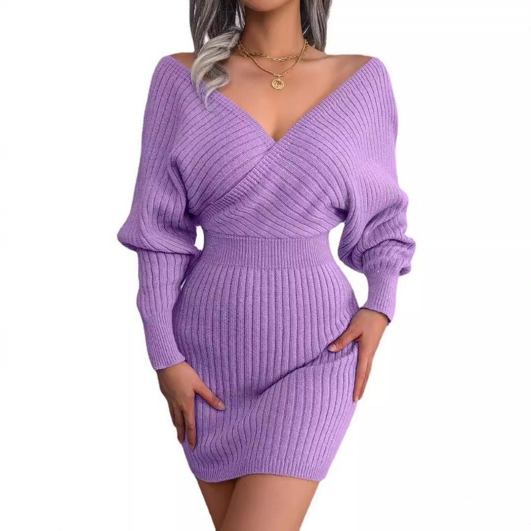Women’s 2025 Autumn/Winter Cross V - Neck Bat Sleeve Bodycon Dress – Fuzzy Knit Hairy Mini Dress - Knack'd Up