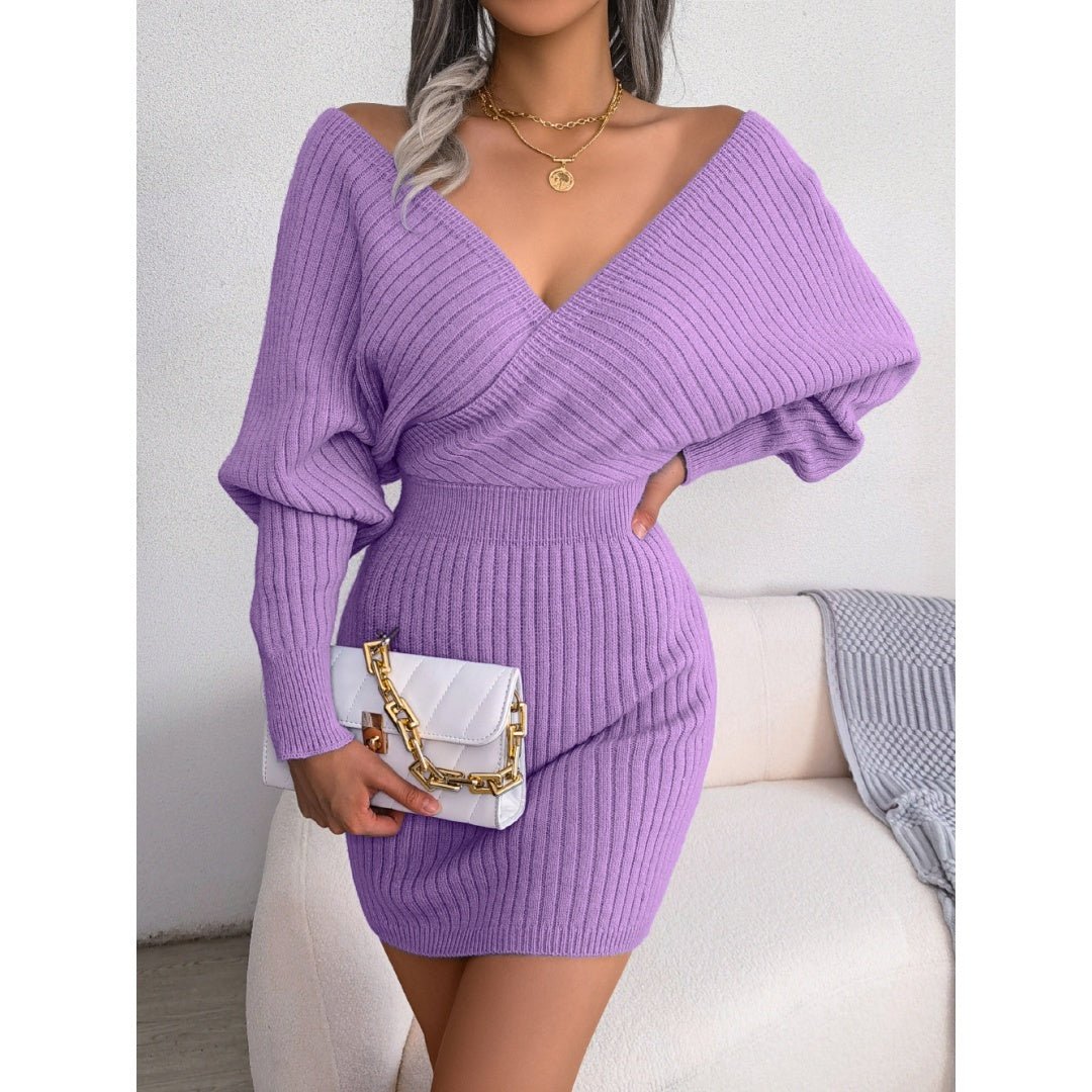 Women’s 2025 Autumn/Winter Cross V - Neck Bat Sleeve Bodycon Dress – Fuzzy Knit Hairy Mini Dress - Knack'd Up