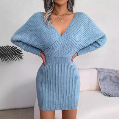 Women’s 2025 Autumn/Winter Cross V - Neck Bat Sleeve Bodycon Dress – Fuzzy Knit Hairy Mini Dress - Knack'd Up