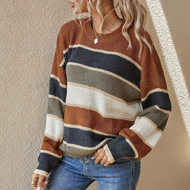 Women's 2025 Striped Color Block Sweater, Cute Crewneck Pullover Top, Fall Winter Fashion Knitwear - Knack'd Up