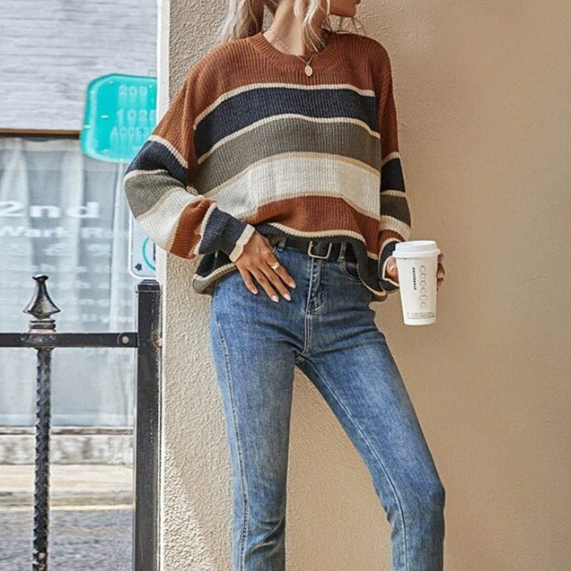 Women's 2025 Striped Color Block Sweater, Cute Crewneck Pullover Top, Fall Winter Fashion Knitwear - Knack'd Up