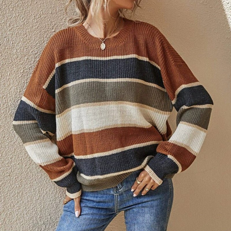 Women's 2025 Striped Color Block Sweater, Cute Crewneck Pullover Top, Fall Winter Fashion Knitwear - Knack'd Up
