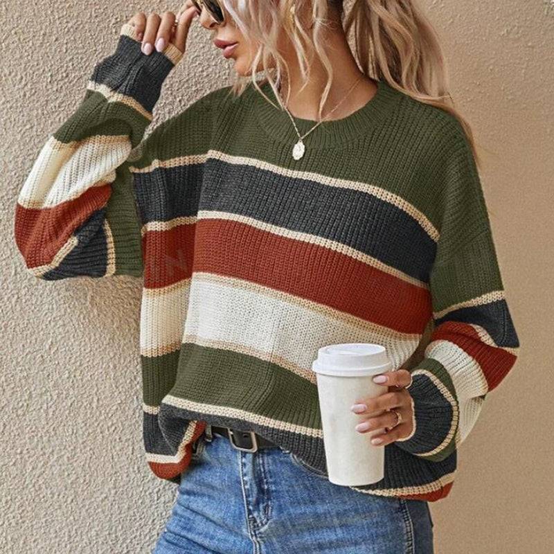 Women's 2025 Striped Color Block Sweater, Cute Crewneck Pullover Top, Fall Winter Fashion Knitwear - Knack'd Up