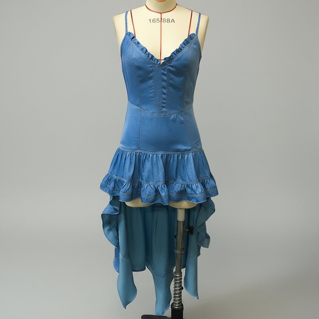 Women’s Bohemian Spaghetti Strap Mini Dress – Sleeveless Ruffled Hem Bodycon Dress (No Belt) - Knack'd Up