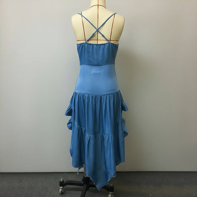 Women’s Bohemian Spaghetti Strap Mini Dress – Sleeveless Ruffled Hem Bodycon Dress (No Belt) - Knack'd Up