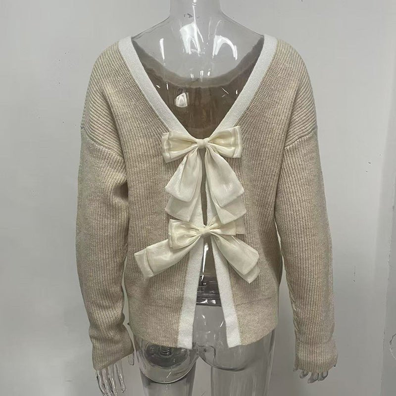 Women’s Bow Back Sweater – Long Sleeve Open Back Knit Pullover, Cute Crew Neck Split Sweater, Fall & Winter Trendy Going Out Top - Knack'd Up